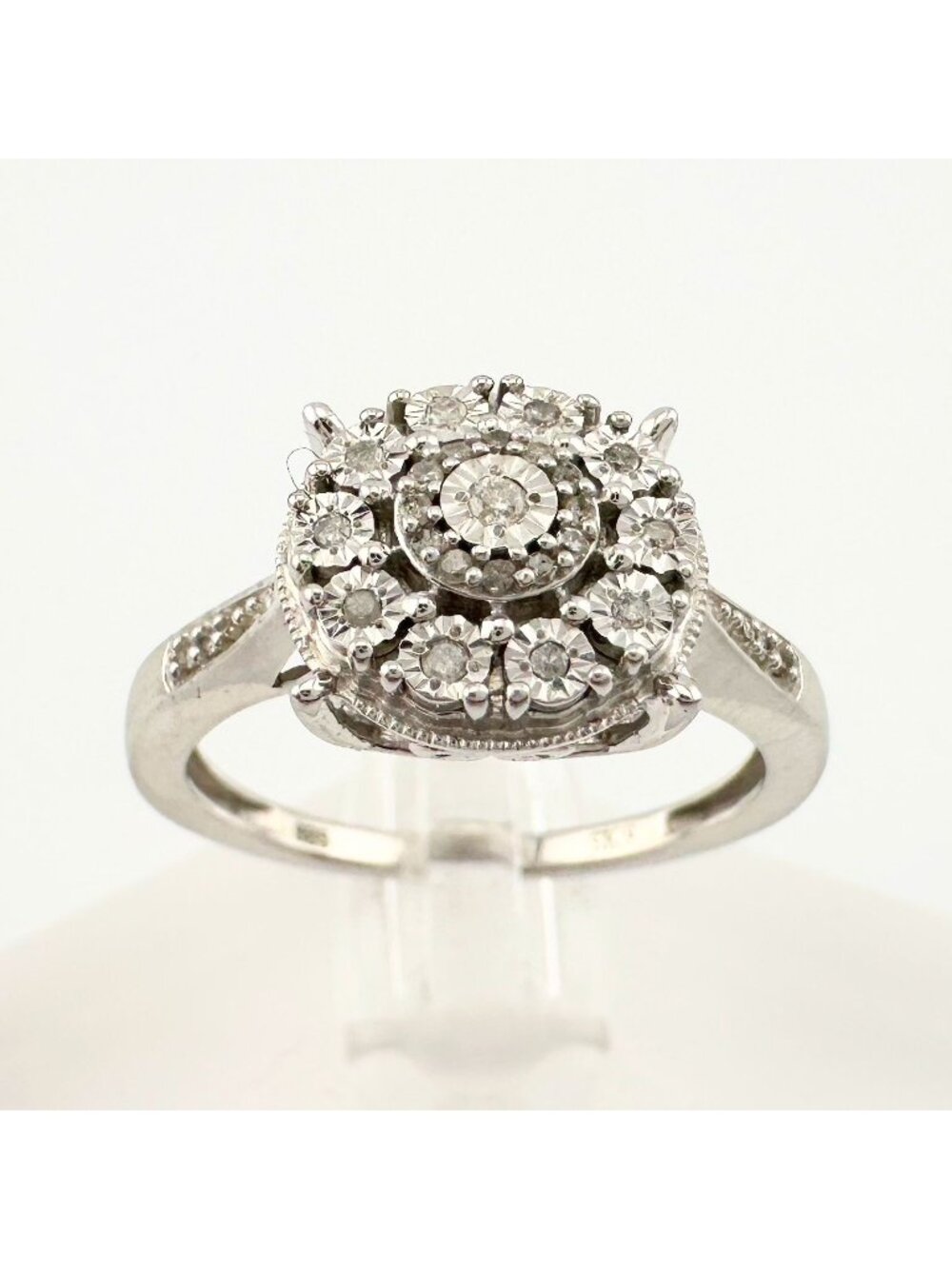 Beautiful Natural Diamond Halo Ring - Sterling Silver Illusion Setting Size 7